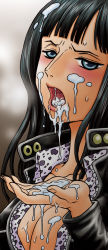 Rule 34 | 1girl, black hair, blue eyes, blush, breasts, cleavage, cum, cum in mouth, cum on body, cum on breasts, cum on hair, cum on upper body, cumdrip, facial, female focus, highres, long hair, long image, nico robin, one piece, open mouth, solo, tall image, upper body