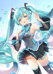 Rule 34 | :d, aqua hair, breasts, flower, frills, hand on own chest, hatsune miku, heart, heart-shaped pupils, long hair, medium breasts, nail polish, open mouth, panties, pantyshot, pingo, see-through, smile, solo, striped clothes, striped panties, symbol-shaped pupils, twintails, underwear, very long hair, vocaloid
