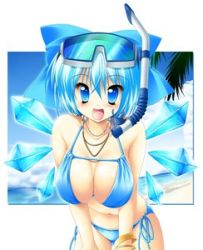 Rule 34 | 1girl, beach, bikini, blue eyes, blue hair, bow, bracelet, breasts, cirno, cleavage, female focus, goggles, goggles on head, hair bow, jewelry, kamiya tomoe, large breasts, leaning forward, lowres, matching hair/eyes, nature, necklace, aged up, open mouth, plant, ribbon, side-tie bikini bottom, skindentation, sky, snorkel, solo, string bikini, swimsuit, touhou, white background, wings