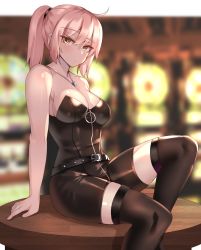Rule 34 | 1girl, absurdres, alternate costume, arm support, bare shoulders, belt, black belt, black bodysuit, black thighhighs, bodysuit, boots, breasts, clyde s, fate/grand order, fate (series), full-length zipper, hair between eyes, half-closed eyes, highres, huge filesize, indoors, jewelry, large breasts, latex, long hair, looking at viewer, necklace, okita souji (fate), okita souji (koha-ace), pink hair, ponytail, sitting, sitting on table, solo, strapless, table, thigh boots, thighhighs, unitard, yellow eyes, zipper, zipper pull tab