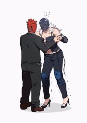 Rule 34 | 1boy, 1girl, bare shoulders, black footwear, black jacket, black pants, blue pants, breasts, brown footwear, chain, cleavage, cross-laced clothes, detached sleeves, dorohedoro, closed eyes, flying sweatdrops, formal, full body, high heels, highres, holding hands, jacket, ki (mxxxx), knee pads, long hair, long sleeves, mask, navel, noi (dorohedoro), pants, shin (dorohedoro), short hair, showgirl skirt, simple background, standing, stiletto heels, suit, tears, trembling, white background, white hair