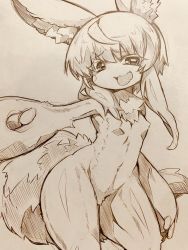 Rule 34 | 1other, animal ears, body fur, breasts, completely nude, furry, highres, looking at viewer, made in abyss, mitsuba-sama (milkba-ng), monochrome, nanachi (made in abyss), navel, nude, open mouth, short hair, sketch, small breasts, smile, solo, tail, thighs, traditional media