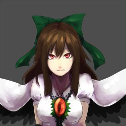 Rule 34 | 1girl, bird wings, black wings, bow, breasts, brown hair, closed mouth, collared shirt, commentary request, expressionless, green bow, grey background, hair bow, large breasts, long hair, looking at viewer, minami koyogi, puffy short sleeves, puffy sleeves, red eyes, reiuji utsuho, shirt, short sleeves, simple background, solo, third eye, touhou, upper body, white shirt, wings