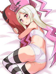 Rule 34 | blush, bra, breasts, cougar (cougar1404), dragon: marked for death, hat, long hair, multicolored hair, panties, pillow, pink hair, pink hat, red eyes, small breasts, striped clothes, striped thighhighs, tagme, thighhighs, underwear, very long hair, white bra, white hair, white panties, witch (dmfd)