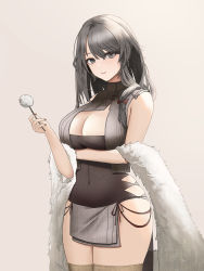 Rule 34 | 1girl, absurdres, arm under breasts, azur lane, black dress, breast hold, breasts, brown dress, charybdis (azur lane), charybdis (red chamber of healing) (azur lane), cleavage, commentary request, covered navel, dress, feather boa, grey eyes, grey hair, hand up, highres, kcar66t, large breasts, legs together, long hair, looking at viewer, mimikaki, official alternate costume, parted lips, pelvic curtain, revision, simple background, sleeveless, solo, standing