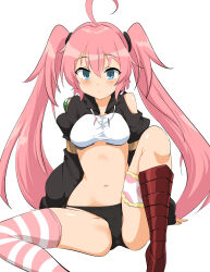 Rule 34 | 1girl, absurdres, ahoge, arm support, asymmetrical legwear, black panties, blue eyes, breasts, cameltoe, highres, jewelry, knee up, long hair, long sleeves, looking at viewer, milim nava, momio, navel, necklace, panties, parted lips, pink hair, pink thighhighs, simple background, sitting, small breasts, solo, spread legs, striped clothes, striped thighhighs, tensei shitara slime datta ken, thighhighs, twintails, underwear, white background, white thighhighs