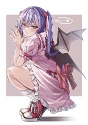 Rule 34 | ..., 1girl, absurdres, alternate hair length, alternate hairstyle, bat wings, closed mouth, commentary, converse, dress, expressionless, from side, full body, hair between eyes, heart, highres, long hair, looking at viewer, mahoro (minase mahoro), nail polish, no headwear, own hands together, pink dress, puffy short sleeves, puffy sleeves, purple hair, red nails, remilia scarlet, shadow, shoes, short sleeves, simple background, sneakers, solo, speech bubble, spoken ellipsis, spoken heart, squatting, tiptoes, touhou, twintails, very long hair, white background, wings