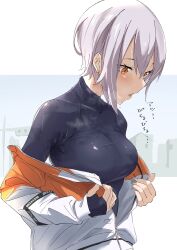 Rule 34 | 1girl, black undershirt, breasts, earbuds, earphones, grey hair, high collar, highres, jacket, large breasts, long sleeves, nishisaki fuyuka, open clothes, open jacket, orange eyes, original, short hair, showhey!!, solo, stained clothes, steaming body, sweat, sweaty clothes, wireless earphones