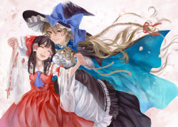 Rule 34 | 2girls, black hair, blonde hair, braid, cape, detached sleeves, dress, closed eyes, frilled dress, frills, hair ribbon, hair tubes, hakurei reimu, holding hands, happy, hat, height difference, kayako (tdxxxk), kirisame marisa, long hair, looking at another, multiple girls, necktie, nontraditional miko, open mouth, petals, ribbon, skirt, smile, touhou, wide sleeves, witch hat, yellow eyes