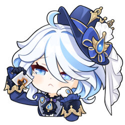 Rule 34 | 1girl, :&lt;, ahoge, asymmetrical gloves, black gloves, blue bow, blue eyes, blue hair, blue hat, blue jacket, bow, brooch, chibi, commentary request, furina (genshin impact), genshin impact, gloves, hand up, hat, hat bow, holding, holding photo, jacket, jewelry, jiu fanglianhua, mismatched gloves, multicolored hair, photo (object), short hair, simple background, solo, streaked hair, upper body, white background, white gloves, white hair