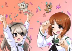 Rule 34 | 10s, 2423ruri, :d, arms up, artist name, bandages, black neckwear, black ribbon, blouse, blurry, blurry foreground, boko (girls und panzer), bow, bowtie, brown eyes, brown hair, casual, celebration, collared shirt, commentary, confetti, depth of field, english commentary, girls und panzer, hair ribbon, happy, light brown hair, long hair, long sleeves, looking at another, neckerchief, nishizumi miho, one eye closed, ooarai school uniform, open mouth, ribbon, school uniform, serafuku, shimada arisu, shirt, short hair, side ponytail, signature, skirt, smile, standing, suspender skirt, suspenders, white shirt
