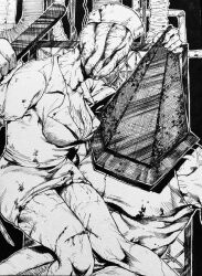 Rule 34 | 1boy, 1girl, blood, breasts, bubble head nurse, cleavage, collarbone, collared dress, cracked skin, dress, fingernails, g-pen (medium), greyscale, hand on another&#039;s head, hat, highres, holding, injury, large breasts, lead pipe, masuiiizo, monochrome, monster girl, muscular, muscular male, no eyes, no mouth, nurse cap, object head, pen (medium), pyramid head, short dress, short sleeves, silent hill (series), topless male