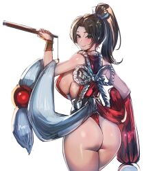 Rule 34 | 1girl, ass, bare shoulders, blush, bow (bhp), breasts, brown eyes, brown hair, fatal fury, high ponytail, japanese clothes, large breasts, long hair, ninja, pelvic curtain, ponytail, revealing clothes, rope, shiranui mai, sideboob, smile, solo, the king of fighters, thighs