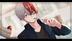 Rule 34 | 1boy, blue eyes, blurry, blurry background, boku no hero academia, burn scar, cake, collarbone, commentary request, dated, dutch angle, food, fork, grey eyes, hair between eyes, hand up, heterochromia, highres, holding, holding fork, letterboxed, long sleeves, looking at viewer, miyanami 3, multicolored hair, open clothes, open shirt, red hair, scar, scar on face, short hair, solo, strawberry shortcake, todoroki shouto, two-tone hair, white hair