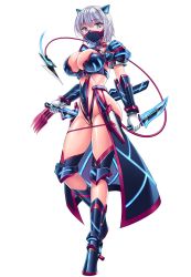 Rule 34 | 1girl, animal ears, ayesha (taimanin asagi battle arena), bodysuit, boots, breasts, curvy, female focus, full body, highres, holding, holding weapon, huge breasts, knife, leotard, lilith-soft, looking at viewer, mask, saijou satoru, shiny skin, short hair, simple background, solo, tail, taimanin (series), taimanin asagi kessen arena, thighs, weapon, white background
