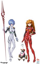 Rule 34 | 2girls, ?, absurdres, artist name, ayanami rei, beer can, bird, blue eyes, blue hair, bodysuit, breasts, breasts apart, brown hair, can, drink can, full body, hand on own hip, highres, holding, holding weapon, interface headset, kuya jaypi, lance of longinus (evangelion), long hair, looking at another, looking at viewer, multicolored bodysuit, multicolored clothes, multiple girls, neon genesis evangelion, penguin, penpen, pilot suit, plugsuit, polearm, red bodysuit, red eyes, shiny clothes, short hair, sitting, souryuu asuka langley, two side up, very long hair, weapon, white bodysuit, wide hips