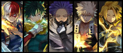 Rule 34 | 5boys, arm guards, bakugou katsuki, belt collar, black border, black gloves, black jacket, black shirt, blonde hair, blue eyes, blue jumpsuit, boku no hero academia, border, burn scar, cape, clenched hand, collar, collar tug, column lineup, costume, cropped, cryokinesis, disc shooter, electricity, electrokinesis, explosion, explosive, fingerless gloves, fire, freckles, full cowling (boku no hero academia), furrowed brow, gloves, green eyes, green gloves, green hair, green jumpsuit, grenade, grey eyes, hair between eyes, harness, heterochromia, high collar, highres, ice, jacket, jumpsuit, kaminari denki, lightning bolt symbol, long bangs, looking at viewer, looking away, male focus, mask, midoriya izuku, mouth mask, multicolored hair, multiple boys, muscular, muscular male, narrowed eyes, neck brace, open hand, parted bangs, pectoral cleavage, pectorals, purple hair, pyrokinesis, red eyes, red hair, scar, scar across eye, scar on face, scarf, serious, shinsou hitoshi, shirt, short hair, sideburns, skin tight, sleeveless, smirk, spiked hair, straight hair, streaked hair, todoroki shouto, tonbanlove, toned, toned male, torn cape, torn clothes, twitter username, two-tone hair, upper body, v-neck, v-shaped eyebrows, white gloves, white shirt, yellow eyes