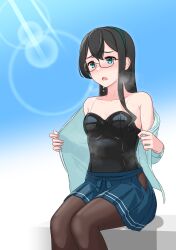 Rule 34 | 1girl, aqua eyes, black hair, black leotard, black pantyhose, blue background, blue skirt, breasts, commentary request, cowboy shot, geometrie, gradient background, highres, hip vent, kantai collection, lens flare, leotard, leotard under clothes, long hair, ooyodo (kancolle), pantyhose, sitting, skirt, small breasts, solo, steam, strap, sweat, undressing