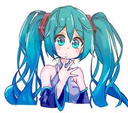 Rule 34 | 1girl, 3774., aqua eyes, aqua hair, aqua necktie, bare shoulders, black sleeves, blush, commentary, cropped torso, detached sleeves, grey shirt, hair ornament, hand on own chin, hatsune miku, long hair, looking at viewer, necktie, shirt, sleeveless, sleeveless shirt, solo, twintails, upper body, very long hair, vocaloid, white background