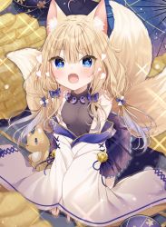 Rule 34 | + +, 1girl, ahoge, animal ear fluff, animal ears, bare shoulders, black shirt, black skirt, blue bow, blue eyes, blush, bow, breasts, character request, commentary request, fangs, fox ears, fox girl, fox tail, hair between eyes, hair bow, heart, highres, jewelry, kitsune, light brown hair, long hair, long sleeves, looking at viewer, low twintails, mafuyu (chibi21), magatama, magatama necklace, necklace, off shoulder, open mouth, pleated skirt, shirt, skirt, sleeveless, sleeveless shirt, sleeves past wrists, small breasts, solo, stuffed fox, tail, twintails, very long hair, wide sleeves, z/x