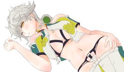 Rule 34 | 10s, 1girl, asymmetrical hair, bad id, bad pixiv id, bare shoulders, black bra, black panties, bra, braid, breasts, cloud print, colorized, crop top, hair ornament, hand on own hip, ippers, kantai collection, large breasts, looking at viewer, lying, midriff, miniskirt, navel, on side, one eye closed, open clothes, open shirt, panties, parted lips, pleated skirt, revealing clothes, shirt, short sleeves, silver hair, simple background, single braid, sketch, skirt, unworn skirt, solo, stomach, underboob, underwear, unryuu (kancolle), yellow eyes
