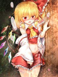 Rule 34 | 1girl, aftersex, ascot, bare shoulders, blonde hair, blush, bow, breasts, bush, collar, collared shirt, cosplay, crystal, cum, cumdrip, detached sleeves, eyes visible through hair, fang, flandre scarlet, frills, hair between eyes, hair bow, hair ornament, hair tubes, hakurei reimu, hakurei reimu (cosplay), hand up, heart, highres, japanese clothes, jewelry, long sleeves, looking at viewer, marukyuu ameya, medium breasts, miko, miniskirt, multicolored wings, nail polish, navel, no headwear, open mouth, ponytail, red bow, red eyes, red nails, red shirt, red skirt, shadow, shirt, short hair, skirt, solo, standing, stomach, sweat, tongue, touhou, wall, white sleeves, wide sleeves, wings, yellow ascot