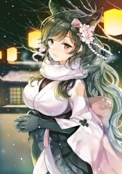 Rule 34 | 1girl, animal ears, atago (azur lane), atago (hallmarks of winter) (azur lane), azur lane, black gloves, breasts, closed mouth, commentary request, elbow gloves, from side, gloves, hair ornament, highres, interlocked fingers, japanese clothes, kimono, lantern, large breasts, long hair, long sleeves, looking at viewer, mole, mole under eye, night, obi, outdoors, own hands clasped, own hands together, pink kimono, sash, sibyl, smile, solo, standing, upper body, wide sleeves, yellow eyes