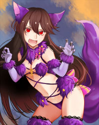 Rule 34 | 1girl, :d, animal ears, breasts, brown hair, choker, cleavage, cosplay, cowboy shot, elbow gloves, fang, fate/grand order, fate (series), floating hair, fox ears, fox tail, fur trim, gloves, hair between eyes, long hair, march ab, mash kyrielight, mash kyrielight (dangerous beast), mash kyrielight (dangerous beast) (cosplay), medium breasts, midriff, navel, oda nobunaga (fate), oda nobunaga (koha-ace), official alternate costume, open mouth, panties, purple gloves, purple panties, purple thighhighs, red eyes, sketch, smile, solo, standing, stomach, tail, thighhighs, underwear, very long hair, wolf ears, wolf tail