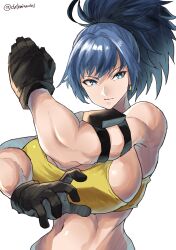 Rule 34 | 1girl, armlet, bare shoulders, black gloves, blue eyes, blue hair, breasts, chikoinochi, clenched hand, earrings, gloves, highres, jewelry, large breasts, leona heidern, navel, ponytail, simple background, solo, tank top, the king of fighters, the king of fighters xv, toned, twitter username, white background, yellow tank top