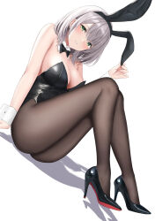 Rule 34 | 1girl, abab xiaxia, absurdres, animal ears, ass, black footwear, black leotard, black pantyhose, blush, bow, bowtie, breasts, cleavage, commentary, detached collar, fake animal ears, full body, green eyes, grey hair, hand on headwear, high heels, highres, hololive, knees up, large breasts, legs, leotard, pantyhose, parted lips, playboy bunny, rabbit ears, shadow, shirogane noel, short hair, sitting, solo, virtual youtuber, wavy hair, white hair, wrist cuffs