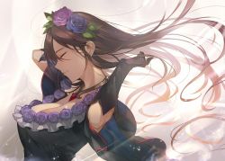 Rule 34 | 1girl, bare shoulders, breasts, brown hair, cleavage, dress, closed eyes, flower, gloves, granblue fantasy, hair flower, hair ornament, jewelry, kakage, large breasts, long hair, necklace, rose, rosetta (granblue fantasy), short sleeves, smile, solo