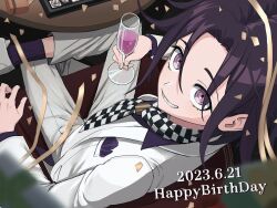 Rule 34 | 1boy, 2023, black hair, black socks, breast pocket, checkered necktie, confetti, cup, danganronpa (series), danganronpa v3: killing harmony, dated, from above, glass, grin, highres, holding, holding cup, jacket, male focus, mokemokeeeee, necktie, official alternate costume, oma kokichi, pants, parted bangs, pink eyes, pocket, purple shirt, shirt, smile, socks, soda, solo, table, teeth, white jacket, white pants