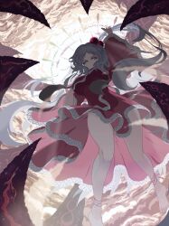 Rule 34 | 1girl, arm up, barefoot, breasts, cloud, detached wings, dress, feet, floating, from below, frown, grey eyes, grey hair, hair bobbles, hair ornament, highres, large breasts, long hair, long sleeves, looking at viewer, multiple wings, nukekip, pixel art, red dress, shinki (touhou), side ponytail, sky, solo, touhou, touhou (pc-98), wings