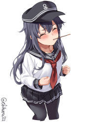 Rule 34 | 1girl, akatsuki (kancolle), anchor symbol, black hat, black sailor collar, black skirt, blush, closed eyes, cropped legs, ebifurya, feet out of frame, flat cap, food, hair between eyes, hat, highres, kantai collection, long hair, long sleeves, neckerchief, pantyhose, pleated skirt, pocky, pocky day, red neckerchief, sailor collar, school uniform, serafuku, simple background, skirt, solo, twitter username, white background
