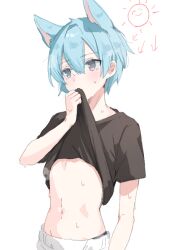 Rule 34 | 1other, animal ears, black shirt, blue eyes, blue hair, cat ears, clothes lift, lifted by self, misskey.io, murakami-san (misskey.io), navel, other focus, paragasu (parags112), shirt, shirt lift, short hair, short sleeves, simple background, solo, stomach, sweat, t-shirt, white background