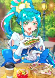 Rule 34 | 1girl, absurdres, back bow, basket, blue bow, blue hair, blurry, blurry background, bow, brooch, coffee cup, commission, cup, cure spicy, delicious party precure, disposable cup, dress, earrings, food, fork, fruit, fuwa kokone, gloves, green eyes, hair bow, heart, heart brooch, highres, jewelry, long hair, looking at viewer, magical girl, medium dress, open mouth, outdoors, plant, precure, sandwich, side ponytail, sitting, skeb commission, smile, table, twitter username, very long hair, waka (negronoir), white gloves, wide ponytail