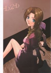 Rule 34 | 1990s (style), 1girl, aerith gainsborough, arm support, belt, blue eyes, bow, breasts, brown hair, cleavage, cropped jacket, dress, drill hair, dutch angle, final fantasy, final fantasy vii, hair ribbon, highres, jacket, looking back, nitta kumi, on floor, pink bow, pink dress, red ribbon, ribbon, shadow, sitting, solo, wooden floor