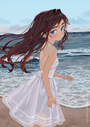 Rule 34 | 1girl, bare arms, bare shoulders, beach, blue eyes, blue sky, blush, breasts, brown hair, closed mouth, cloud, day, dress, elisia valfelto, from side, hair intakes, highres, horizon, long hair, looking at viewer, looking to the side, luicent, ocean, original, outdoors, sky, sleeveless, sleeveless dress, small breasts, solo, very long hair, water, white dress