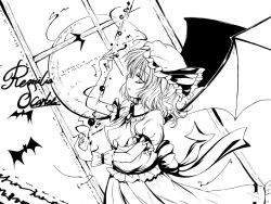 Rule 34 | 1girl, bat wings, catbell, female focus, greyscale, hat, monochrome, remilia scarlet, short hair, solo, touhou, white background, wings