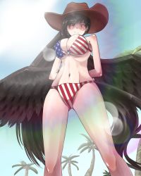 Rule 34 | 1girl, alternate costume, american flag, american flag bikini, arms behind back, bare legs, bikini, black hair, blush, bow, bow bikini, breasts, cleavage, coconut tree, commentary request, cowboy hat, day, eyes visible through hair, feathered wings, flag print, from below, hat, horse tail, knees, kurokoma saki, large breasts, light smile, long hair, looking at viewer, looking down, navel, outdoors, palm tree, pegasus wings, ponytail, red eyes, shaded face, sky, solo, standing, sun, sunlight, sunnysideup, swimsuit, tail, toned, touhou, tree, underboob, wings