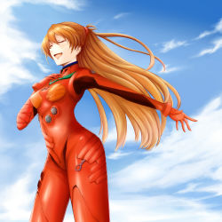 Rule 34 | 1girl, :d, absurdres, blush, bodysuit, breasts, closed eyes, cloud, cloudy sky, cowboy shot, day, duct tape, floating hair, from side, gloves, hair ornament, hand on own chest, happy, highres, long hair, neon genesis evangelion, open mouth, orange hair, outdoors, outstretched arms, pilot suit, plugsuit, ponpon (ponpon62126), sky, small breasts, smile, solo, souryuu asuka langley, turtleneck, very long hair