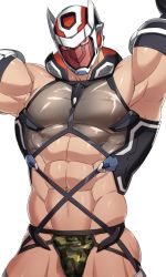 Rule 34 | 1boy, abs, algernon (housamo), armpits, arms up, asutarou, bara, bulge, camouflage, camouflage male swimwear, camouflage swimsuit, colored sclera, cowboy shot, green male swimwear, highres, large pectorals, leg belt, looking at viewer, male focus, male swimwear, midriff, muscular, muscular male, navel, nipples, official alternate costume, pectorals, print male swimwear, print thong, red eyes, sidepec, solo, stomach, swimsuit, thick thighs, thighs, thong, tokyo houkago summoners