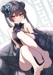 1girl absurdres barefoot black_dress black_gloves black_hair blue_archive blush braid braided_bun breasts butterfly_hair_ornament china_dress chinese_clothes coat commentary double_bun dragon_print dress gloves grey_coat grey_eyes grey_halo hair_bun hair_ornament halo highres indoors jacket kisaki_(blue_archive) knees_up long_hair looking_at_viewer mao_sirahama pelvic_curtain pinstripe_jacket pinstripe_pattern print_dress sitting sleeveless sleeveless_dress small_breasts solo striped_clothes striped_jacket thighs twintails vertical-striped_clothes vertical-striped_jacket