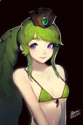 Rule 34 | 1girl, bikini, breasts, censored, closed mouth, crown, crusaders quest, ejami, green bikini, green hair, long hair, looking at viewer, lowres, prestina (crusaders quest), purple eyes, simple background, smile, solo, swimsuit