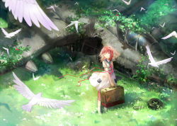 Rule 34 | 1girl, aircraft, airplane, arm up, bird, cotta, dress, grass, jet, long hair, looking up, nature, one eye closed, original, overgrown, pink eyes, pink hair, plant, ribbon, ruins, sailor dress, scenery, solo, standing, suitcase, tire, wink, wreckage