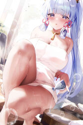 Rule 34 | 1girl, alcohol, alternate breast size, ayaka (genshin impact), blue hair, braid, breasts, cleavage, fantongjun, genshin impact, highres, large breasts, looking at viewer, mole, mole under eye, sake, squatting, thighs, towel, wet