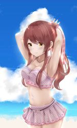 Rule 34 | 1girl, 3:, armpits, arms behind head, arms up, bandeau, bare arms, bare shoulders, bikini, bikini skirt, blue sky, breasts, brown hair, cleavage, cloud, cloudy sky, collarbone, commentary request, cowboy shot, crop top, day, frown, idolmaster, idolmaster shiny colors, jewelry, long hair, looking at viewer, medium breasts, midriff, navel, necklace, osaki tenka, outdoors, ponytail, ryouta (ryouta335), sidelocks, sky, solo, standing, stomach, swimsuit, tying hair, yellow eyes