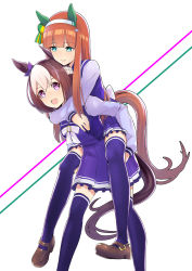 Rule 34 | 2girls, :d, animal ears, blouse, blue thighhighs, blunt bangs, bow, braid, brown hair, carrying, green eyes, hair bow, hairband, highres, horse ears, horse girl, horse tail, loafers, long hair, long sleeves, looking at another, multicolored hair, multiple girls, niketora, open mouth, piggyback, purple eyes, purple shirt, school uniform, shirt, shoes, silence suzuka (umamusume), smile, special week (umamusume), tail, thighhighs, two-tone hair, umamusume, white hair