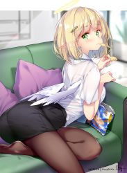Rule 34 | 1girl, artist name, bag of chips, black pantyhose, black skirt, blonde hair, blurry, chips (food), commentary request, couch, depth of field, eating, food, green eyes, green nails, hair ornament, hairclip, halo, hong (white spider), mouth hold, nail polish, no shoes, original, pantyhose, pillow, pointy ears, shirt, short hair, skirt, solo, white shirt, white wings, wings