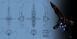 Rule 34 | 3d, absurdres, advanced ship (eve online), amarr empire (eve online), autodesk 3ds max (medium), battlecruiser (eve online), blue background, blueprint (medium), caldari state (eve online), character sheet, commentary, concept art, cyclodextrose, english text, eve online, flying, from behind, glowing, highres, khanid kingdom (eve online), military vehicle, multiple views, no humans, original, photoshop (medium), radio antenna, realistic, science fiction, spacecraft, thrusters, vehicle focus